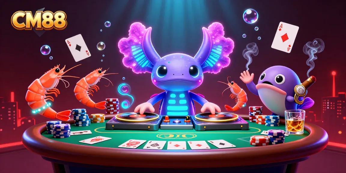 Experience the vibrant CM88 gaming scene with a DJ axolotl and poker action.