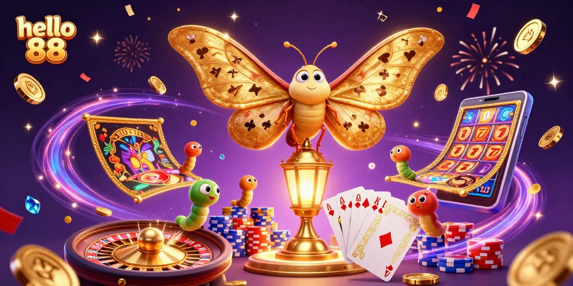Hello 88 showcases a dazzling atlas moth amidst cascading coins and poker chips, embodying the essence of online gaming.
