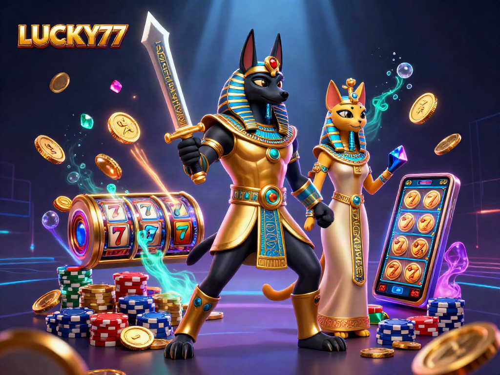 Experience the excitement of LUCKY77 with an Egyptian warrior, golden coins, and dynamic slot reels.