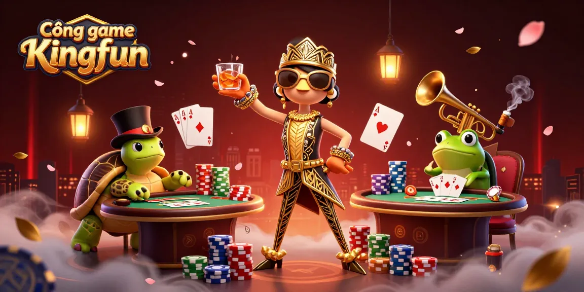 Cổng game Kingfun showcases a lively casino scene with a colorful array of poker chips, vibrant characters, and engaging game elements.