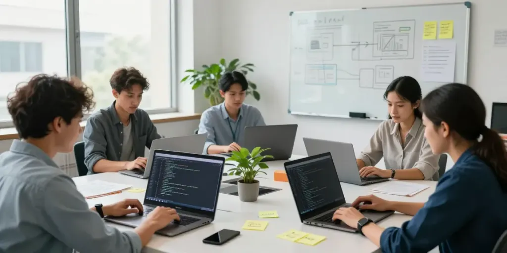 SaaS sponsored content collaboration in a modern office with diverse developers brainstorming.