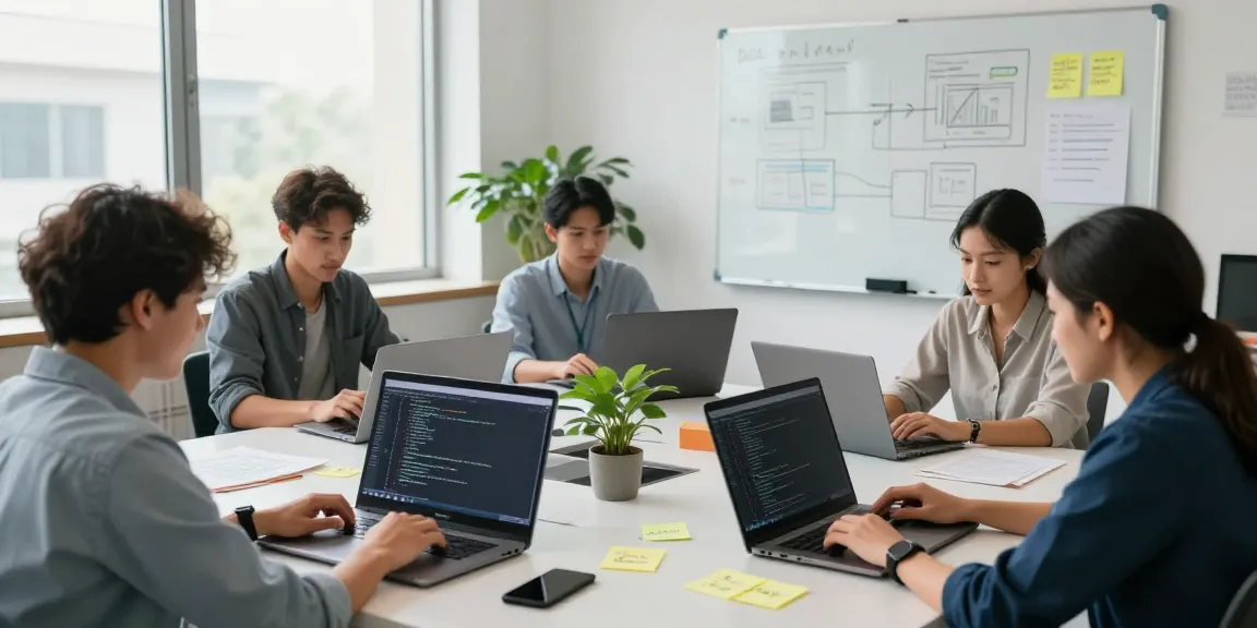 SaaS sponsored content collaboration in a modern office with diverse developers brainstorming.