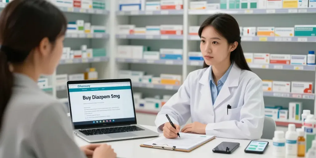Consultation scene for Buy Diazepam 5mg online, showcasing a pharmacist assisting a customer with medication.