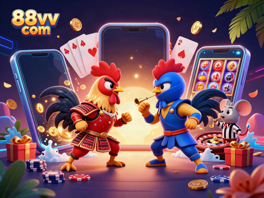 Experience thrilling action in 88vv com with dynamic roosters and vibrant casino elements.