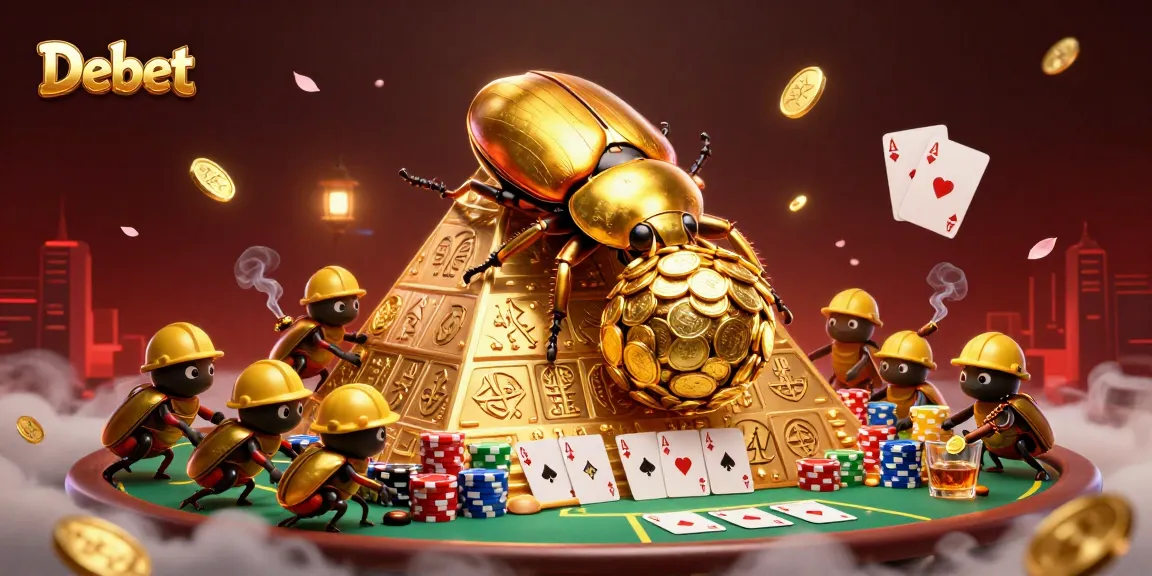 Debet casino illustration featuring a golden beetle and poker elements in a vibrant scene.