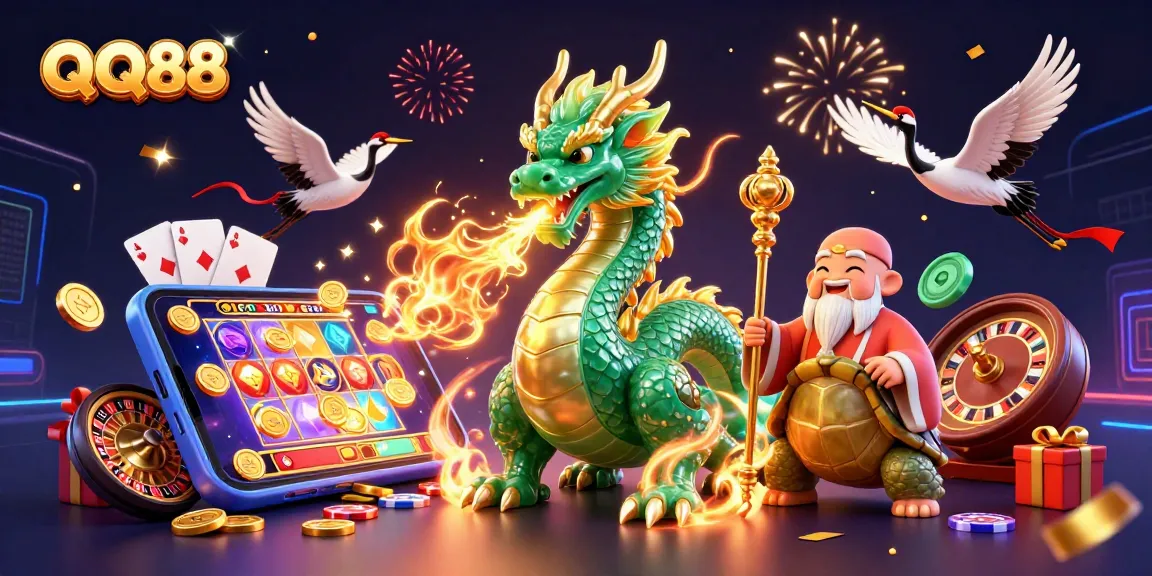 Engage with QQ88's vibrant gaming universe featuring a jade dragon and dynamic casino elements.
