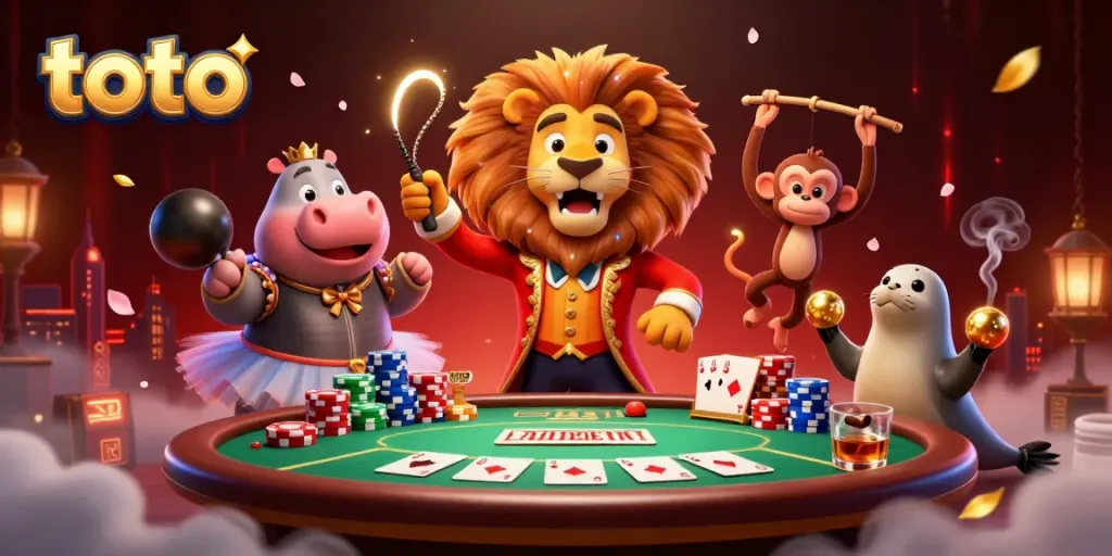 Experience thrilling gameplay with a lively toto scene featuring vibrant characters, poker elements, and dynamic energy.