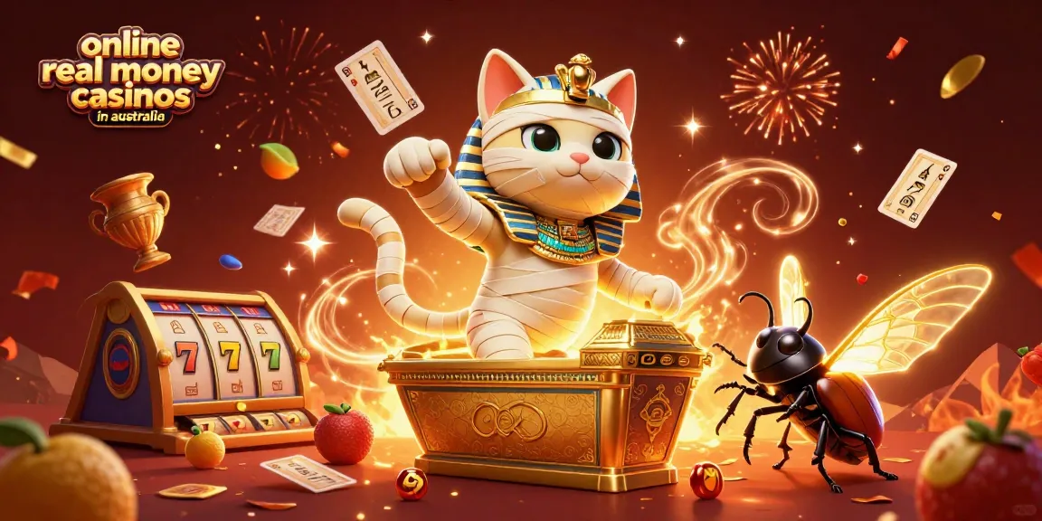 Engage with online real money casinos in australia featuring a mummy cat and glowing scarab in a vibrant casino.