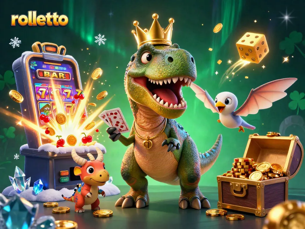 Experience exhilarating gameplay at rolletto with animated 3D characters, slot machines, and casino elements.