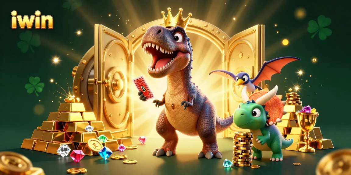 iwin casino scene featuring a T-Rex shuffling cards with gold bars, gems, and vibrant creatures.