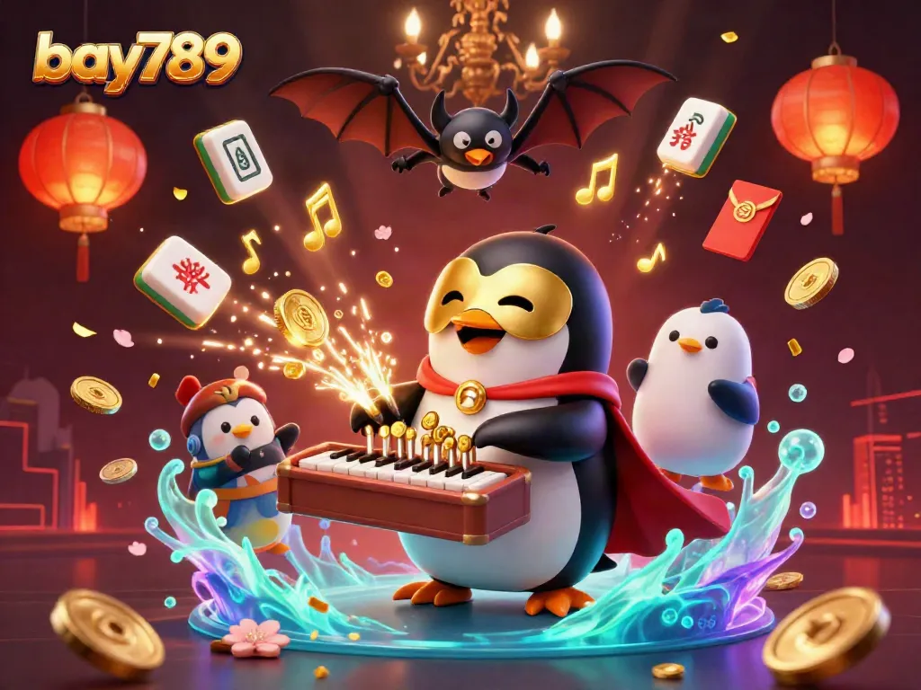 Experience the excitement of bay789 with a penguin organist, cash cascading, and festive elements.