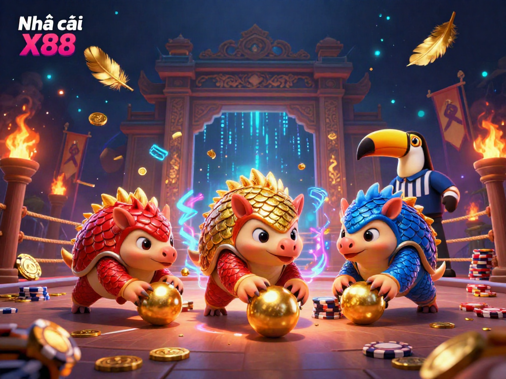 Engage in thrilling gaming with Nhà cái X88 as pangolins compete in vibrant casino atmosphere.