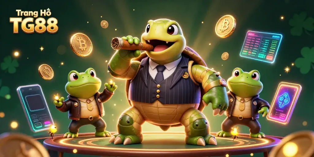 Experience winning at Trang Chủ TG88 with a vibrant 3D digital casino scene featuring cartoon characters and crypto elements.