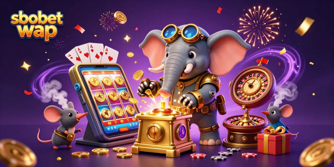 Experience sbobet wap betting with a steampunk elephant, vibrant gaming elements, and celebratory effects.