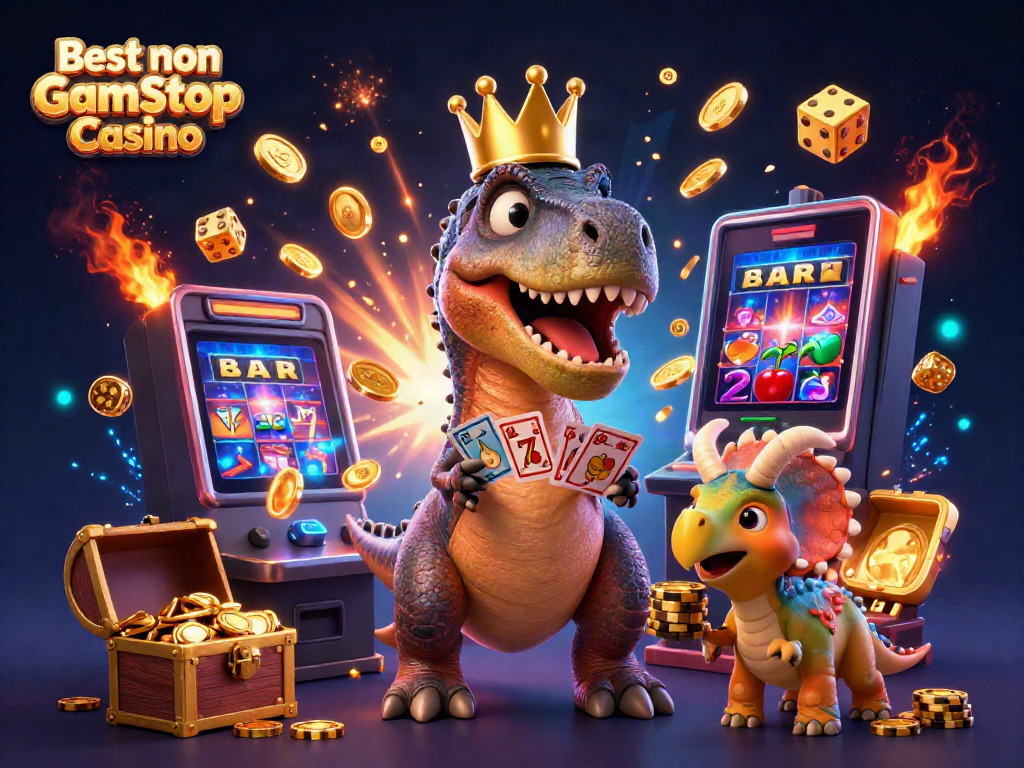 Catching the jackpot at the Best non Gamstop Casino with charming dinosaur characters surrounded by colorful casino elements.