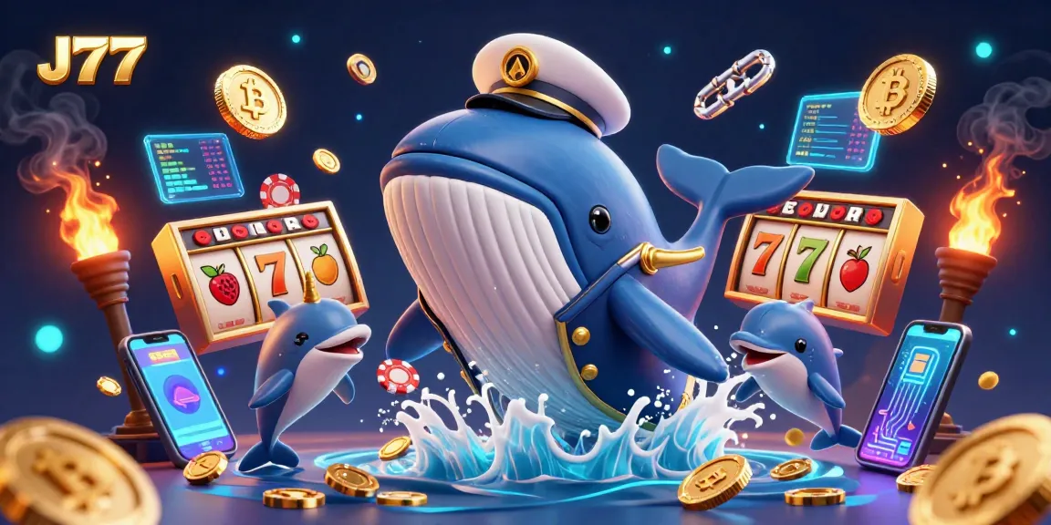 Win big at J77 with a vibrant 3D casino illustration showcasing exciting games and crypto rewards.