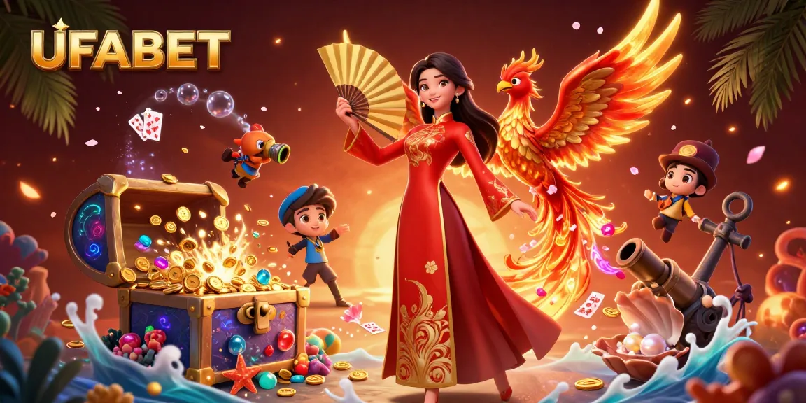 Experience stunning wins at UFABET with vibrant illustrations of a beautiful woman and a phoenix in a dynamic casino scene.