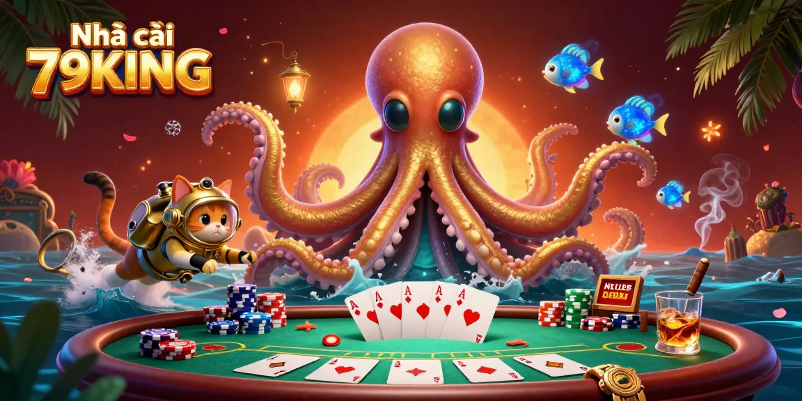 Engage with thrilling gaming action at Nhà cái 79KING inside a vibrant casino scene featuring a kraken.