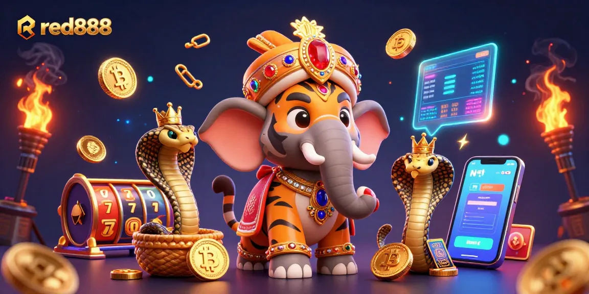 Join the excitement at red888, featuring a maharaja tiger and elephant amidst vibrant slot game symbols.
