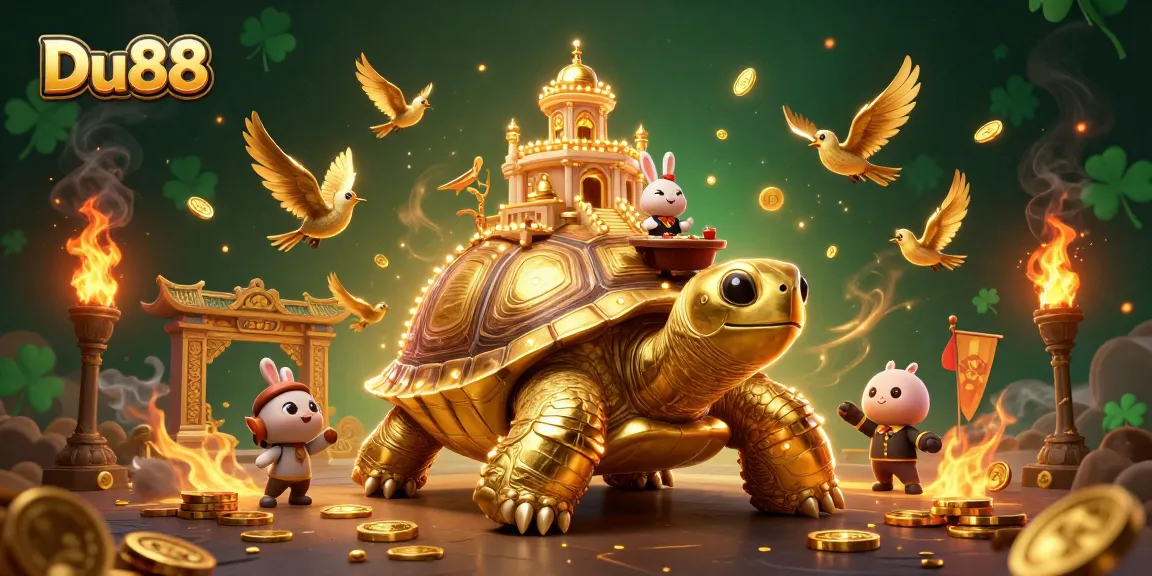 Engage in Du88 casino gaming action with a vibrant scene showcasing a golden tortoise and rabbit dealer.