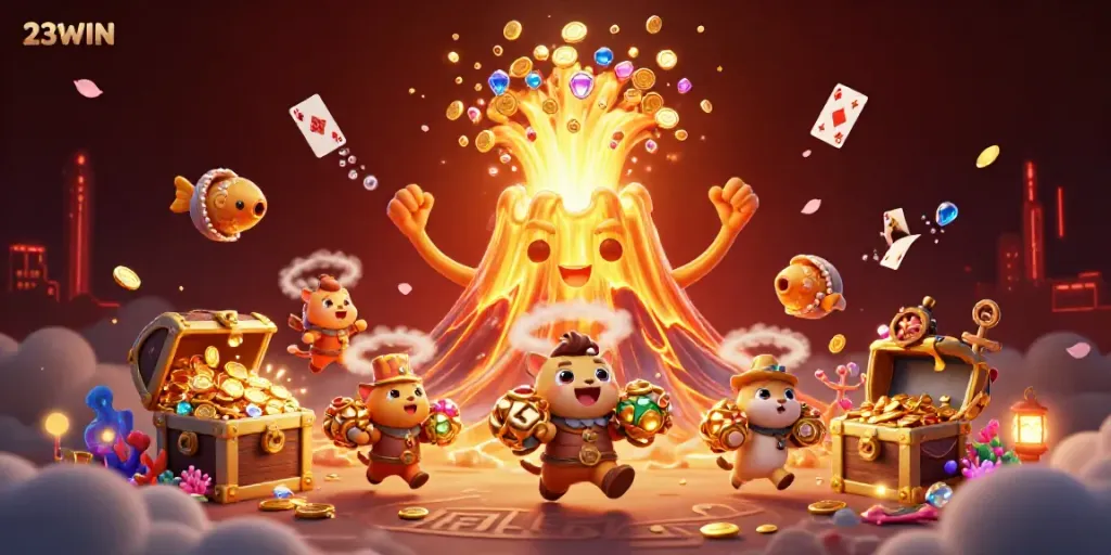 Engage in the vibrant world of 23WIN with a treasure-filled eruption of coins and gems from a golden volcano.