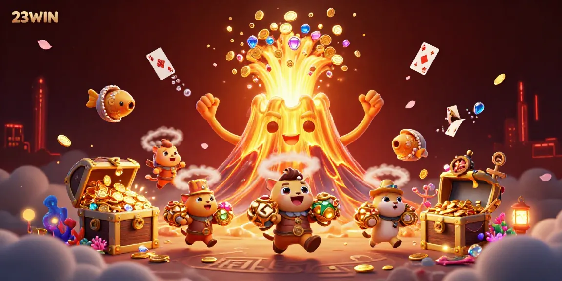 Engage in the vibrant world of 23WIN with a treasure-filled eruption of coins and gems from a golden volcano.