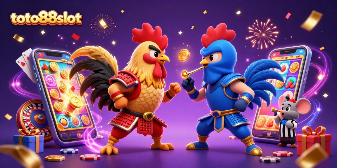 Engage with toto88slot, where roosters duel over exciting casino games amidst golden coins and slot reels.