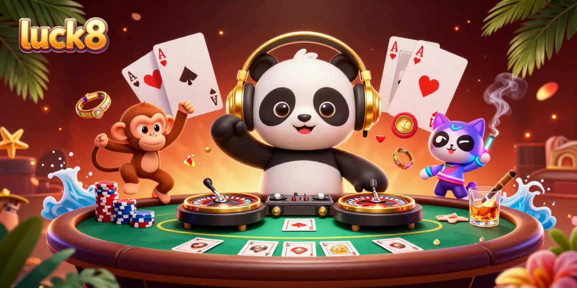 Spin and win with luck8 in this vibrant 3D casino scene featuring energetic cartoon characters.