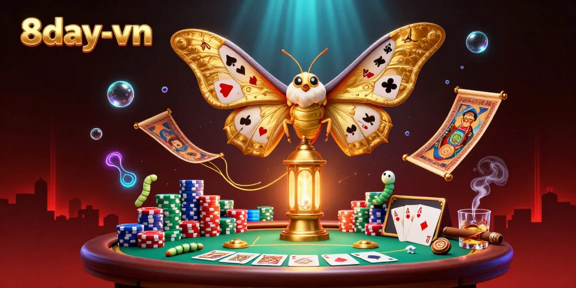 Experience the enchanting scene of 8day-vn, showcasing a majestic moth amid vibrant casino elements perfect for online gaming.