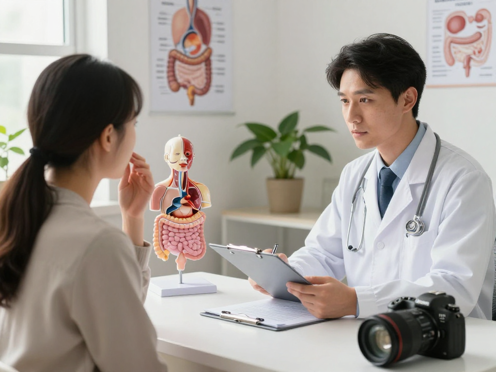 Consultation illustrating the difference between GERD and hiatal hernia at a healthcare center, showing patient and doctor interaction.