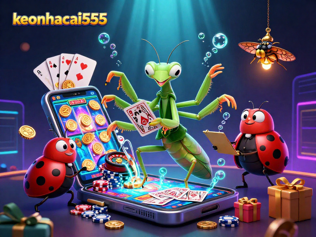 Join keonhacai555's lively casino scene with a giant mantis card sharp entertaining players.