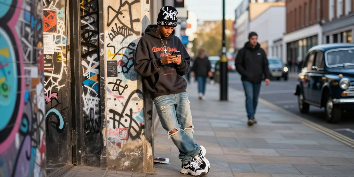 Chrome Hearts street fashion in London, showcasing urban style with oversized hoodie and designer accessories.