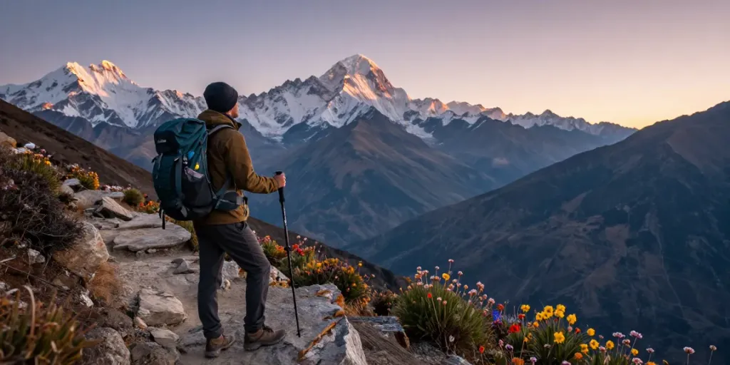 Vista impresionante del Circuito Manaslu con un viajero admirando el paisaje montañoso al amanecer, simbolizando aventura.