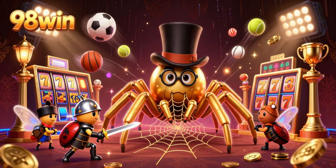 98win offers thrilling slot reels and sports excitement with captivating characters in a dynamic casino scene.