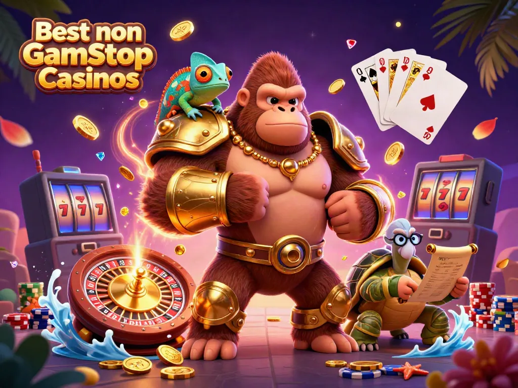 Explore the adventure at Best non Gamstop Casinos with a dynamic illustration featuring a gorilla king and gambling elements.