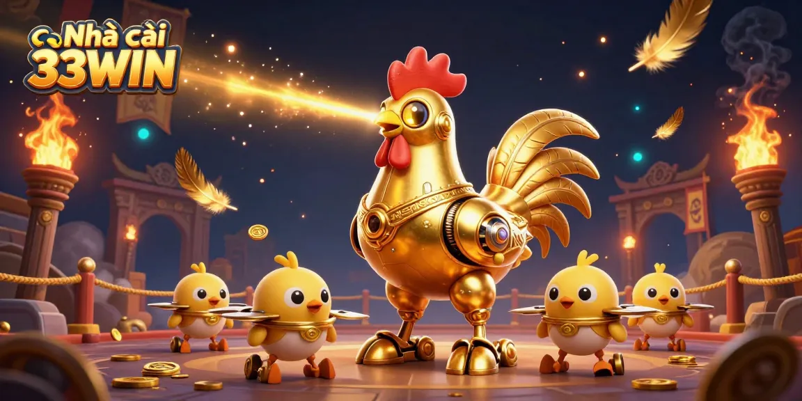 Engage with Nhà cái 33WIN's thrilling 3D visualization of golden rooster robot and chick drones, amidst vibrant betting action.