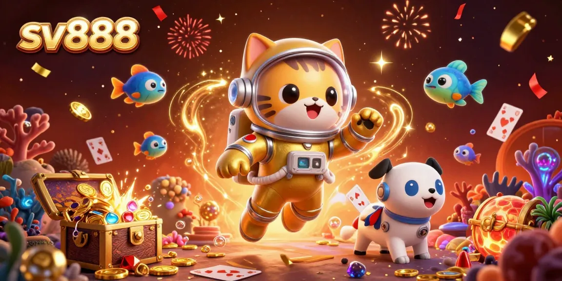 Experience sv888 adventure with a golden astronaut cat amidst treasure in a vibrant casino scene.