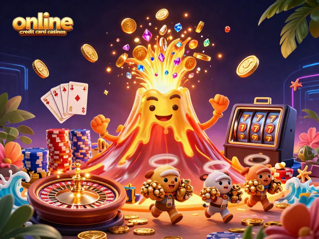 Explore the excitement of online credit card casinos with triumphant golden volcano and treasures.
