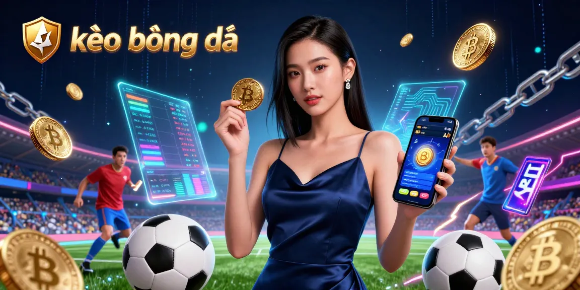Engage in kèo bóng đá with a stunning Asian woman showcasing sports betting excitement and crypto elements.