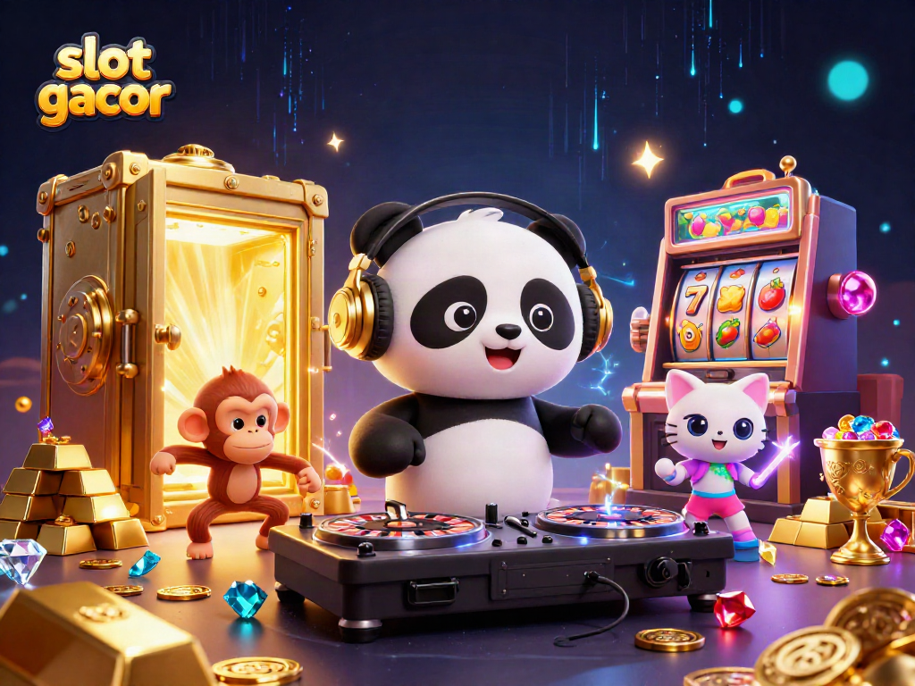 Ilustrasi slot gacor menampilkan panda DJ 3D, monyet breakdance, dan kucing dengan glow stick dikelilingi harta karun.