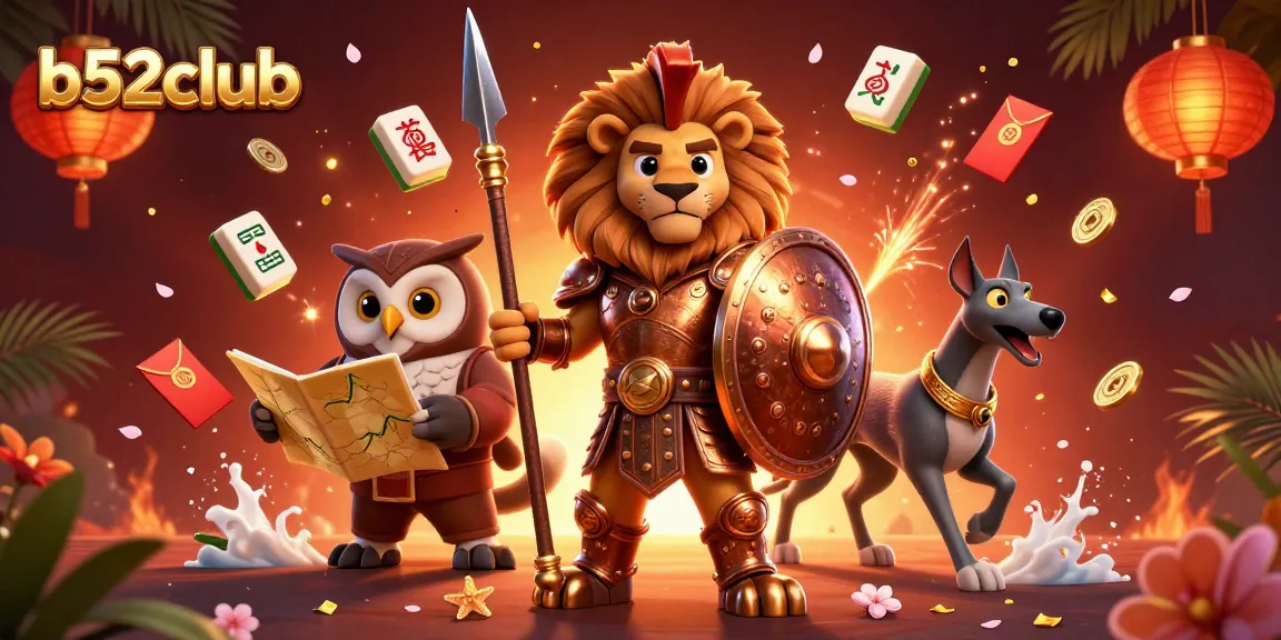 B52club players strategizing with a Spartan lion, owl, and greyhound in a vibrant casino scene.