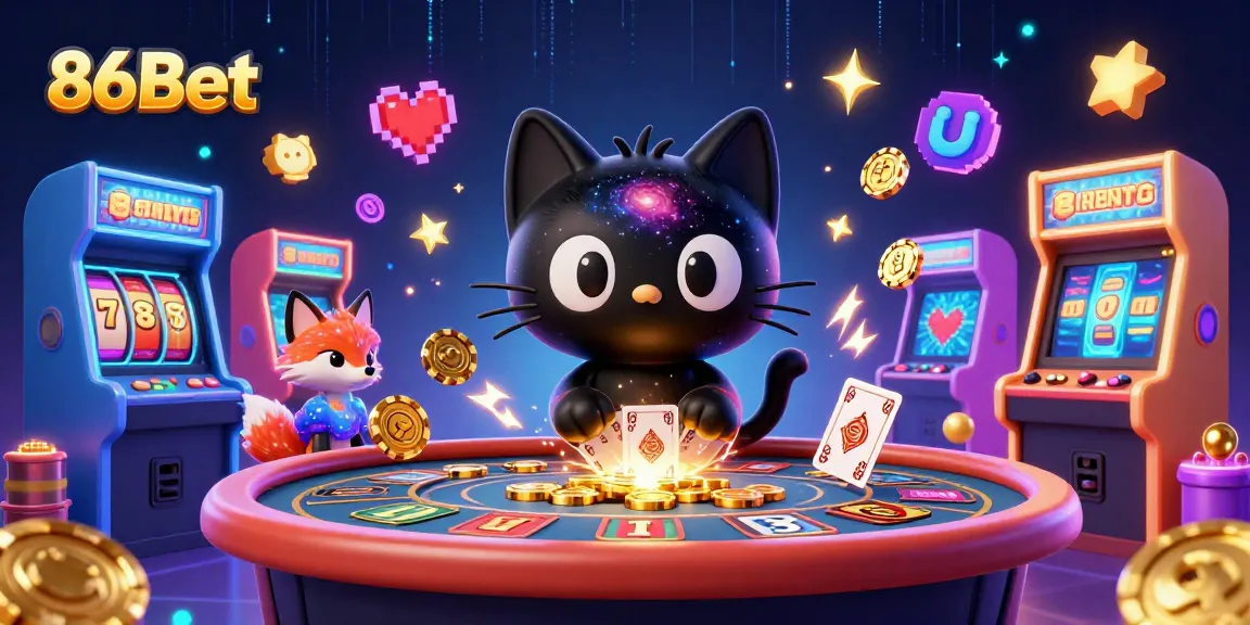 Engage with 86Bet in a vibrant cosmic casino scene filled with slots and gaming excitement.