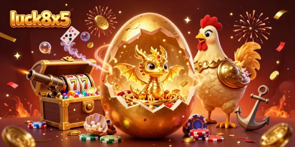 Engage in thrilling gameplay at luck8x5, featuring golden dragon, poker chips, and slot machine reels.