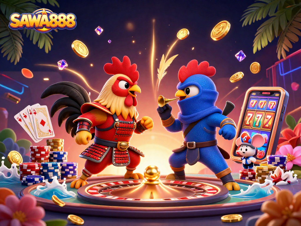 Experience thrilling gaming action at SAWA888 with dynamic fighting roosters and vibrant casino elements.