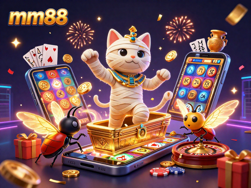 Experience thrilling moments at mm88 with a 3D Egyptian mummy cat and vibrant casino elements.