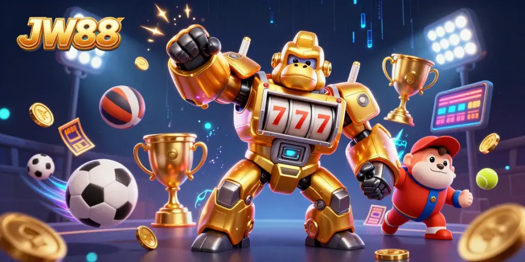 JW88 transforms gaming with a golden mech and dynamic sports elements in a vibrant casino scene.