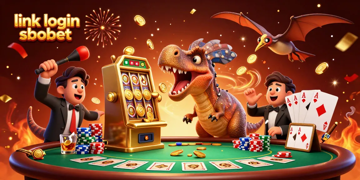 Experience thrilling action with the link login sbobet while a dinosaur interacts with a jackpot.