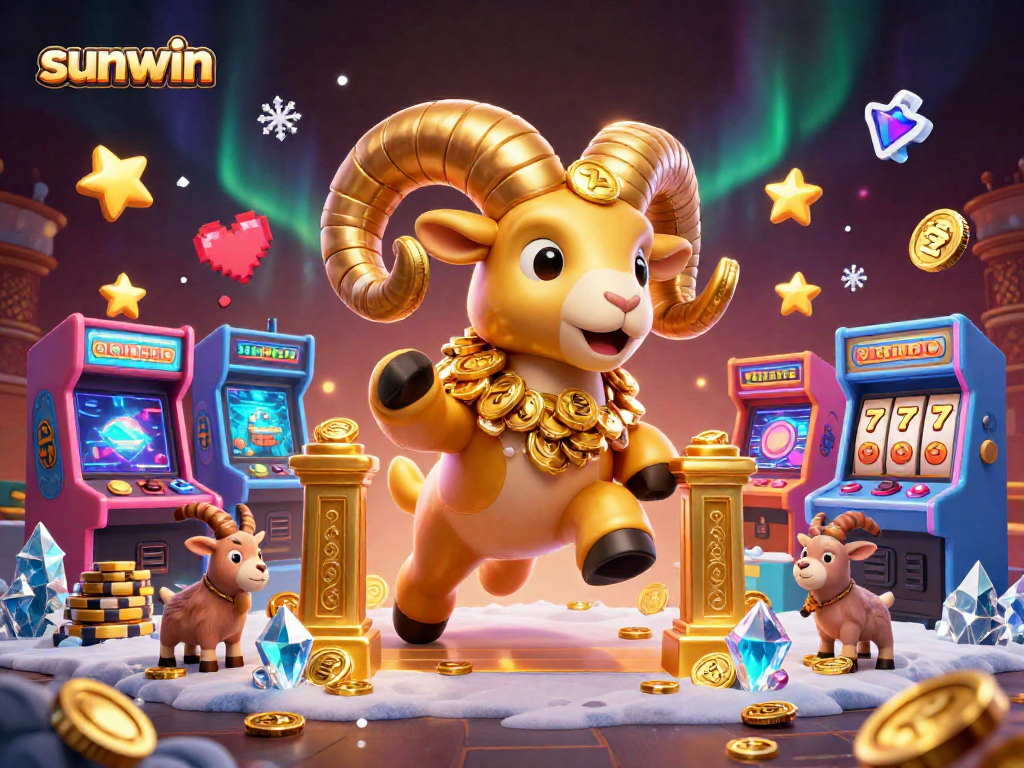 Experience the excitement of sunwin casino with vibrant 3D slot elements and golden ram character.