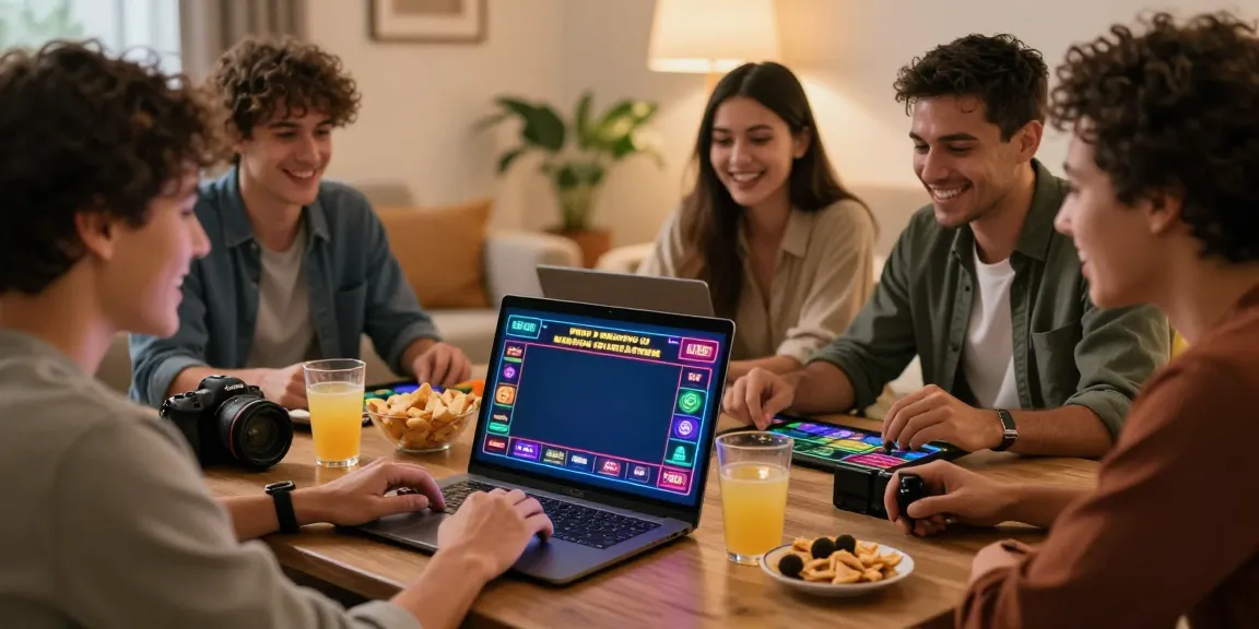 Friends enjoying games at non gamstop casinos uk, lively home atmosphere.