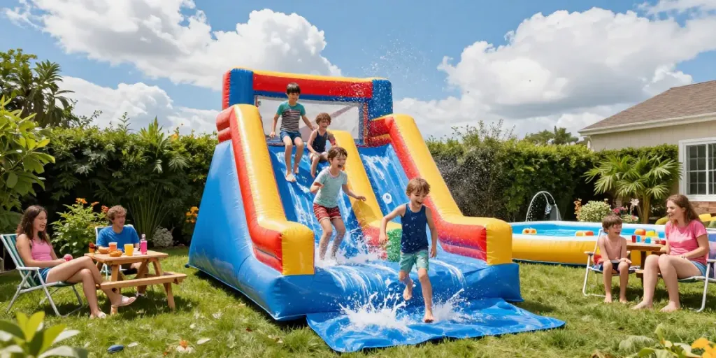 Children enjoying a vibrant water slide in the backyard, splashing water and creating joyful memories